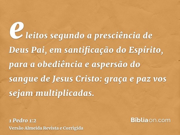 eleitos segundo a presciência de Deus Pai, em santificação do Espírito, para a obediência e aspersão do sangue de Jesus Cristo: graça e paz vos sejam multiplica