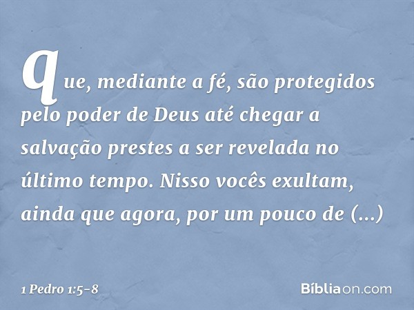 que, mediante a fé, são protegidos pelo poder de Deus até chegar a salvação prestes a ser revelada no último tempo. Nisso vocês exultam, ainda que agora, por um