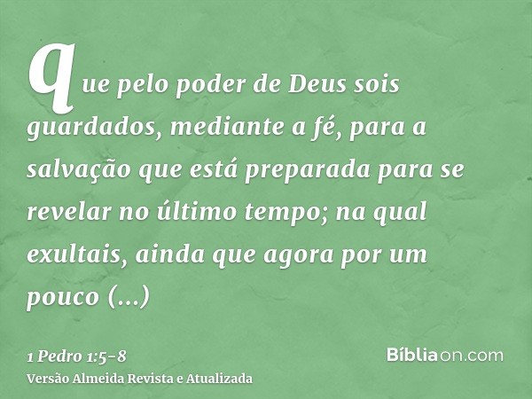 que pelo poder de Deus sois guardados, mediante a fé, para a salvação que está preparada para se revelar no último tempo;na qual exultais, ainda que agora por u