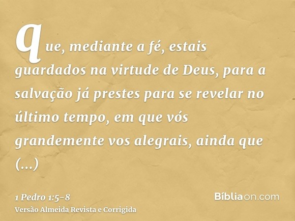 que, mediante a fé, estais guardados na virtude de Deus, para a salvação já prestes para se revelar no último tempo,em que vós grandemente vos alegrais, ainda q