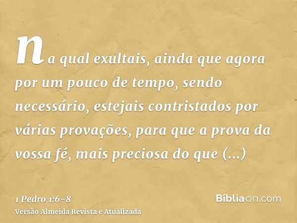 na qual exultais, ainda que agora por um pouco de tempo, sendo necessário, estejais contristados por várias provações,para que a prova da vossa fé, mais precios