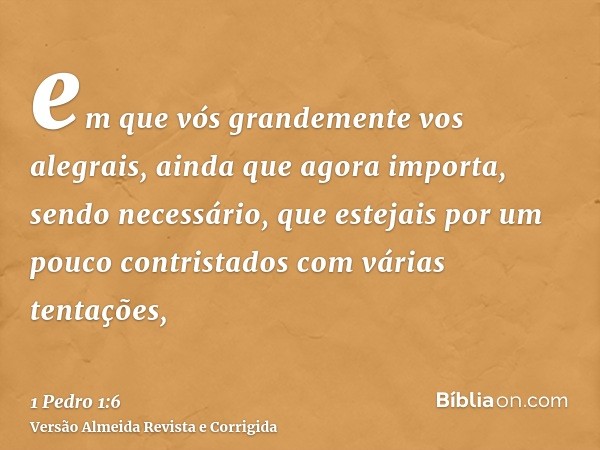 em que vós grandemente vos alegrais, ainda que agora importa, sendo necessário, que estejais por um pouco contristados com várias tentações,