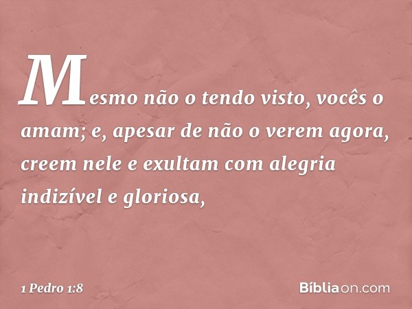 Mesmo não o tendo visto, vocês o amam; e, apesar de não o verem agora, creem nele e exultam com alegria indizível e gloriosa, -- 1 Pedro 1:8