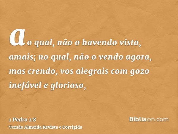 ao qual, não o havendo visto, amais; no qual, não o vendo agora, mas crendo, vos alegrais com gozo inefável e glorioso,