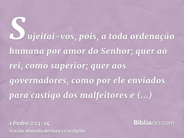 Sujeitai-vos, pois, a toda ordenação humana por amor do Senhor; quer ao rei, como superior;quer aos governadores, como por ele enviados para castigo dos malfeit