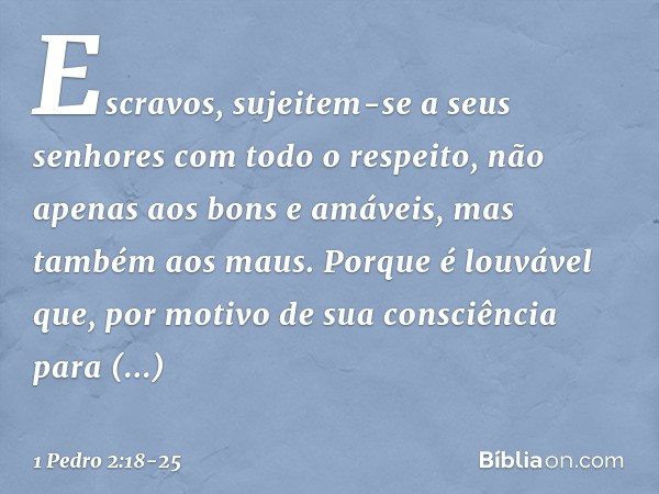 Escravos, sujeitem-se a seus senhores com todo o respeito, não apenas aos bons e amáveis, mas também aos maus. Porque é louvável que, por motivo de sua consciên