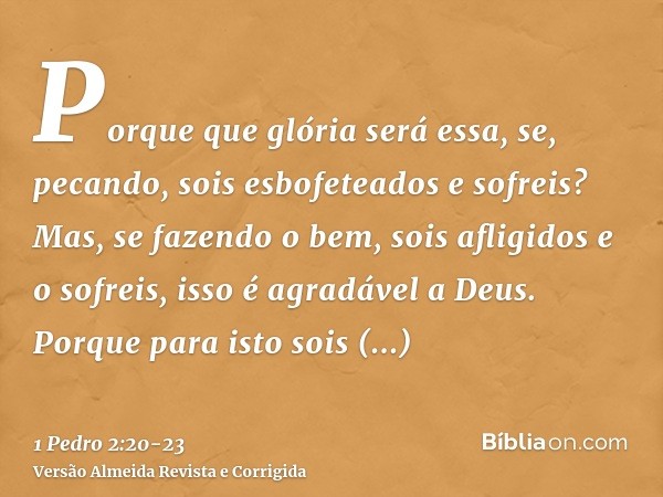 Porque que glória será essa, se, pecando, sois esbofeteados e sofreis? Mas, se fazendo o bem, sois afligidos e o sofreis, isso é agradável a Deus.Porque para is