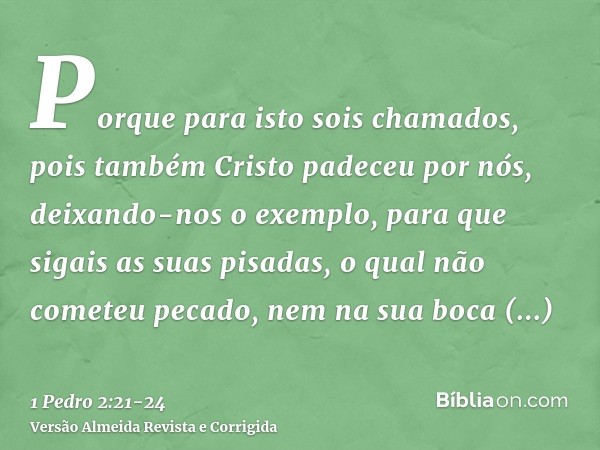 Porque para isto sois chamados, pois também Cristo padeceu por nós, deixando-nos o exemplo, para que sigais as suas pisadas,o qual não cometeu pecado, nem na su