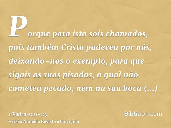 Porque para isto sois chamados, pois também Cristo padeceu por nós, deixando-nos o exemplo, para que sigais as suas pisadas,o qual não cometeu pecado, nem na su