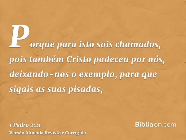 Porque para isto sois chamados, pois também Cristo padeceu por nós, deixando-nos o exemplo, para que sigais as suas pisadas,