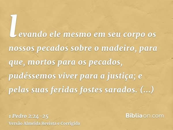 levando ele mesmo em seu corpo os nossos pecados sobre o madeiro, para que, mortos para os pecados, pudéssemos viver para a justiça; e pelas suas feridas fostes