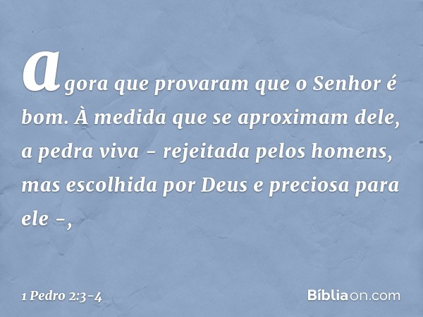 agora que provaram que o Senhor é bom. À medida que se aproximam dele, a pedra viva - rejeitada pelos homens, mas escolhida por Deus e preciosa para ele -, -- 1