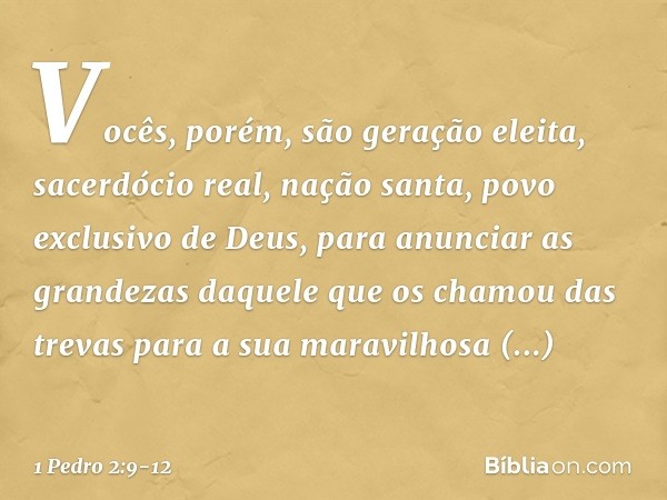 Vocês, porém, são geração eleita, sacerdócio real, nação santa, povo exclusivo de Deus, para anunciar as grandezas daquele que os chamou das trevas para a sua m