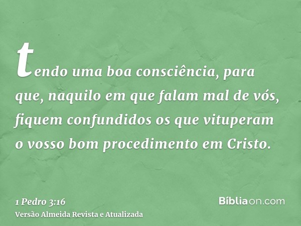 tendo uma boa consciência, para que, naquilo em que falam mal de vós, fiquem confundidos os que vituperam o vosso bom procedimento em Cristo.