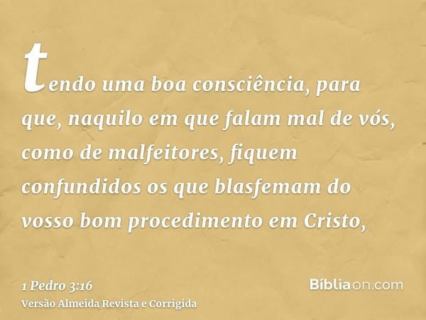 tendo uma boa consciência, para que, naquilo em que falam mal de vós, como de malfeitores, fiquem confundidos os que blasfemam do vosso bom procedimento em Cris