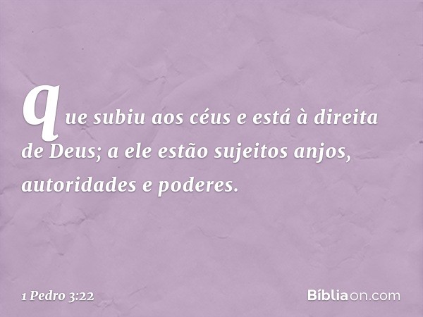 que subiu aos céus e está à direita de Deus; a ele estão sujeitos anjos, autoridades e poderes. -- 1 Pedro 3:22