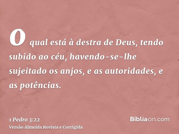 o qual está à destra de Deus, tendo subido ao céu, havendo-se-lhe sujeitado os anjos, e as autoridades, e as potências.