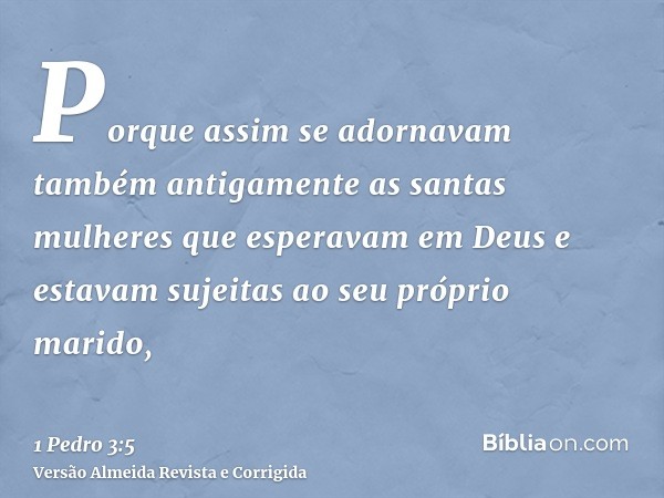 Porque assim se adornavam também antigamente as santas mulheres que esperavam em Deus e estavam sujeitas ao seu próprio marido,
