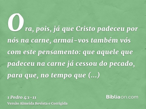 Ora, pois, já que Cristo padeceu por nós na carne, armai-vos também vós com este pensamento: que aquele que padeceu na carne já cessou do pecado,para que, no te