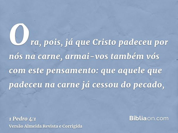 Ora, pois, já que Cristo padeceu por nós na carne, armai-vos também vós com este pensamento: que aquele que padeceu na carne já cessou do pecado,