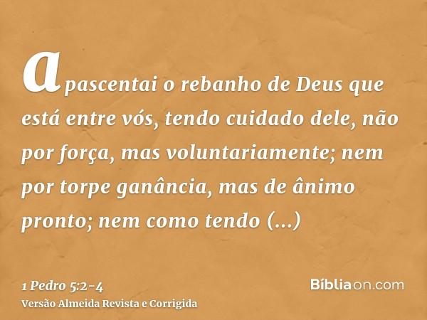 apascentai o rebanho de Deus que está entre vós, tendo cuidado dele, não por força, mas voluntariamente; nem por torpe ganância, mas de ânimo pronto;nem como te