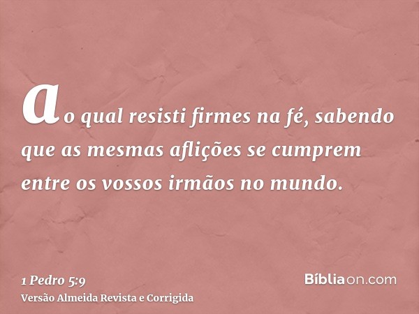 ao qual resisti firmes na fé, sabendo que as mesmas aflições se cumprem entre os vossos irmãos no mundo.