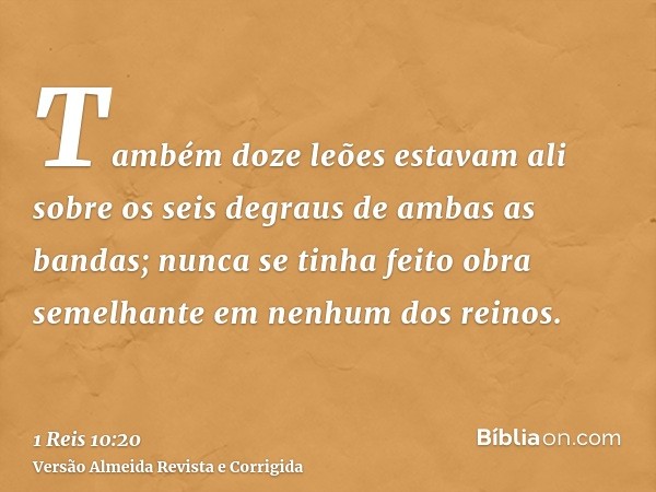 Também doze leões estavam ali sobre os seis degraus de ambas as bandas; nunca se tinha feito obra semelhante em nenhum dos reinos.