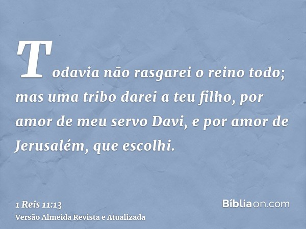 Todavia não rasgarei o reino todo; mas uma tribo darei a teu filho, por amor de meu servo Davi, e por amor de Jerusalém, que escolhi.