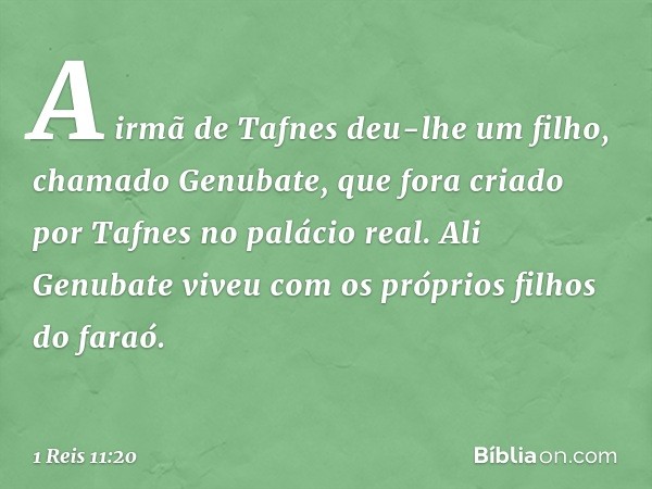 A irmã de Tafnes deu-lhe um filho, chamado Genubate, que fora criado por Tafnes no palácio real. Ali Genubate viveu com os próprios filhos do faraó. -- 1 Reis 1