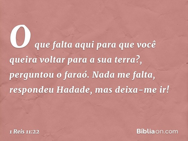 "O que falta aqui para que você queira voltar para a sua terra?", perguntou o faraó.
"Nada me falta", respondeu Hadade, "mas deixa-me ir!" -- 1 Reis 11:22