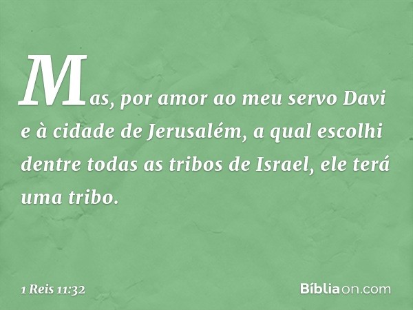 Mas, por amor ao meu servo Davi e à cidade de Jerusalém, a qual escolhi dentre todas as tribos de Israel, ele terá uma tribo. -- 1 Reis 11:32