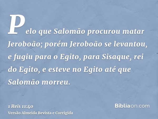 Pelo que Salomão procurou matar Jeroboão; porém Jeroboão se levantou, e fugiu para o Egito, para Sisaque, rei do Egito, e esteve no Egito até que Salomão morreu