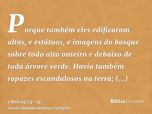 Porque também eles edificaram altos, e estátuas, e imagens do bosque sobre todo alto outeiro e debaixo de toda árvore verde.Havia também rapazes escandalosos na