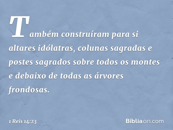 Também construíram para si altares idólatras, colunas sagradas e postes sagrados sobre todos os montes e debaixo de todas as árvores frondosas. -- 1 Reis 14:23