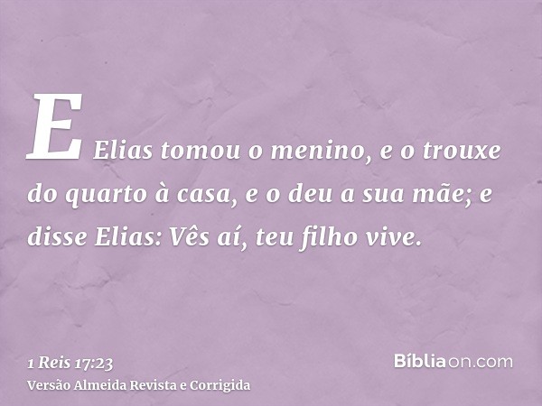 E Elias tomou o menino, e o trouxe do quarto à casa, e o deu a sua mãe; e disse Elias: Vês aí, teu filho vive.