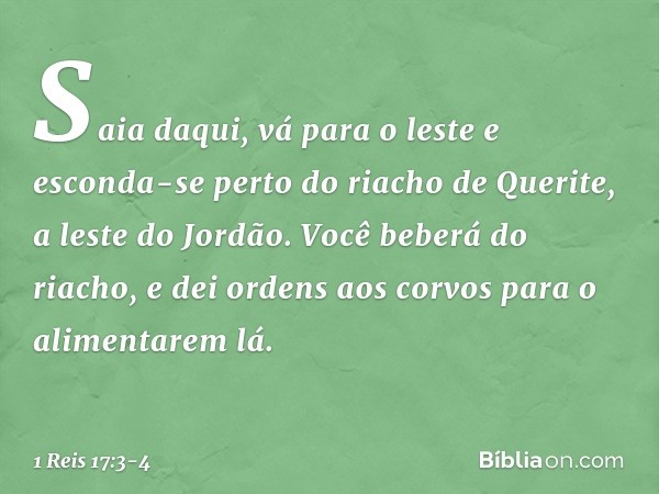 "Saia daqui, vá para o leste e esconda-se perto do riacho de Querite, a leste do Jordão. Você beberá do riacho, e dei ordens aos corvos para o alimentarem lá". 