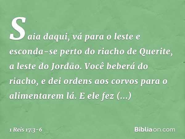 "Saia daqui, vá para o leste e esconda-se perto do riacho de Querite, a leste do Jordão. Você beberá do riacho, e dei ordens aos corvos para o alimentarem lá". 