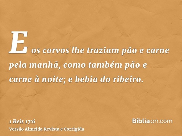 E os corvos lhe traziam pão e carne pela manhã, como também pão e carne à noite; e bebia do ribeiro.