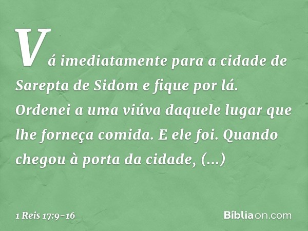 "Vá imediatamente para a cidade de Sarepta de Sidom e fique por lá. Ordenei a uma viúva daquele lugar que lhe forneça comida". E ele foi. Quando chegou à porta 