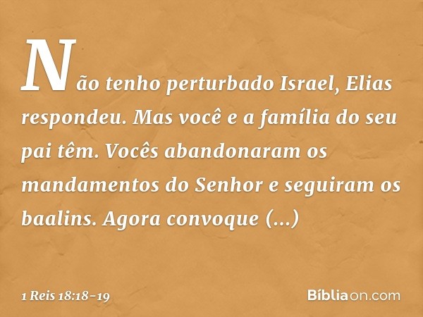 "Não tenho perturbado Israel", Elias respondeu. "Mas você e a família do seu pai têm. Vocês abandonaram os mandamentos do Senhor e seguiram os baalins. Agora co