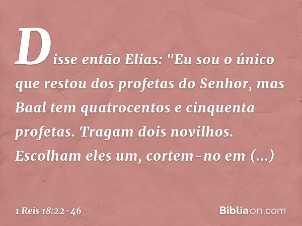 Disse então Elias: "Eu sou o único que restou dos profetas do Senhor, mas Baal tem quatrocentos e cinquenta profetas. Tragam dois novilhos. Escolham eles um, co