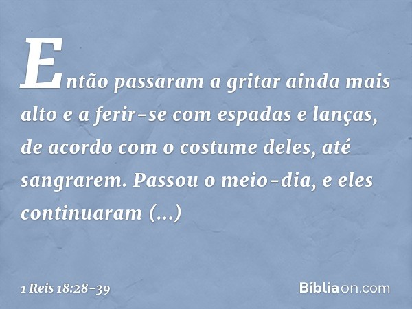 Então passaram a gritar ainda mais alto e a ferir-se com espadas e lanças, de acordo com o costume deles, até sangrarem. Passou o meio-dia, e eles continuaram p