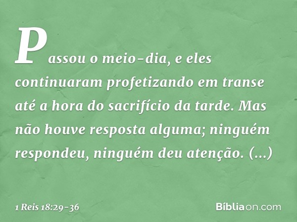 Passou o meio-dia, e eles continuaram profetizando em transe até a hora do sacrifício da tarde. Mas não houve resposta alguma; ninguém respondeu, ninguém deu at