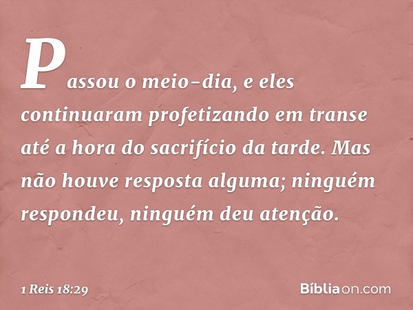 Passou o meio-dia, e eles continuaram profetizando em transe até a hora do sacrifício da tarde. Mas não houve resposta alguma; ninguém respondeu, ninguém deu at