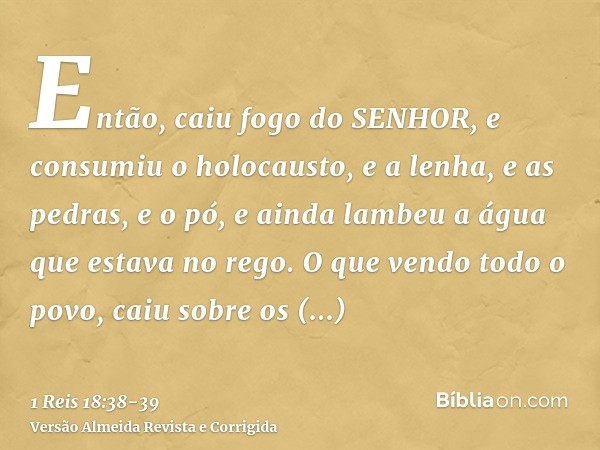 Então, caiu fogo do SENHOR, e consumiu o holocausto, e a lenha, e as pedras, e o pó, e ainda lambeu a água que estava no rego.O que vendo todo o povo, caiu sobr