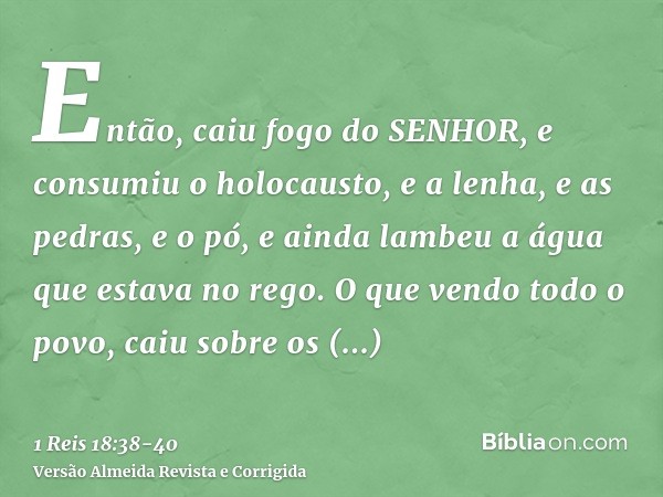 Então, caiu fogo do SENHOR, e consumiu o holocausto, e a lenha, e as pedras, e o pó, e ainda lambeu a água que estava no rego.O que vendo todo o povo, caiu sobr