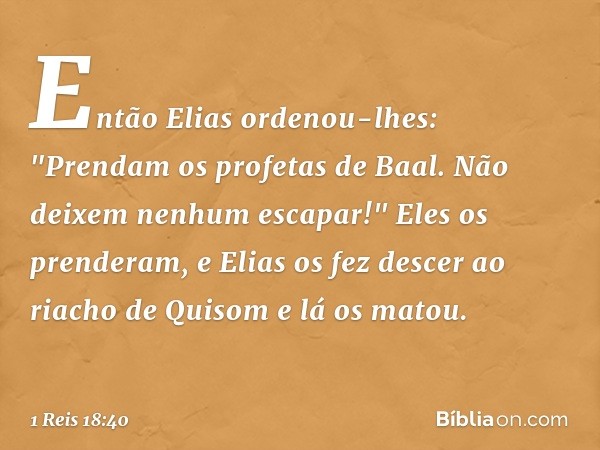 Então Elias ordenou-lhes: "Prendam os profetas de Baal. Não deixem nenhum escapar!" Eles os prenderam, e Elias os fez descer ao riacho de Quisom e lá os matou. 