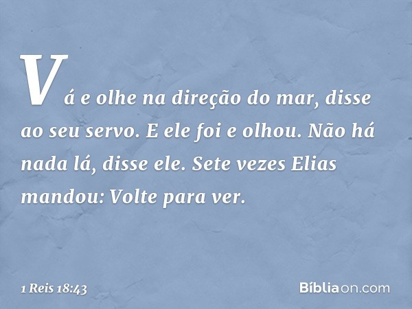 "Vá e olhe na direção do mar", disse ao seu servo. E ele foi e olhou.
"Não há nada lá", disse ele.
Sete vezes Elias mandou: "Volte para ver". -- 1 Reis 18:43