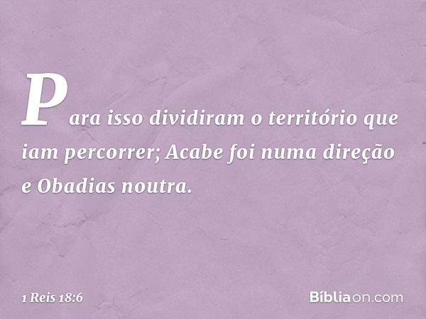 Para isso dividiram o território que iam percorrer; Acabe foi numa direção e Obadias noutra. -- 1 Reis 18:6