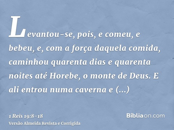 Levantou-se, pois, e comeu, e bebeu, e, com a força daquela comida, caminhou quarenta dias e quarenta noites até Horebe, o monte de Deus.E ali entrou numa caver